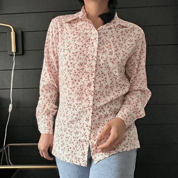 Vintage 1970s floral long sleeve button down blouse pretty secretary medium - Picture 6 of 9